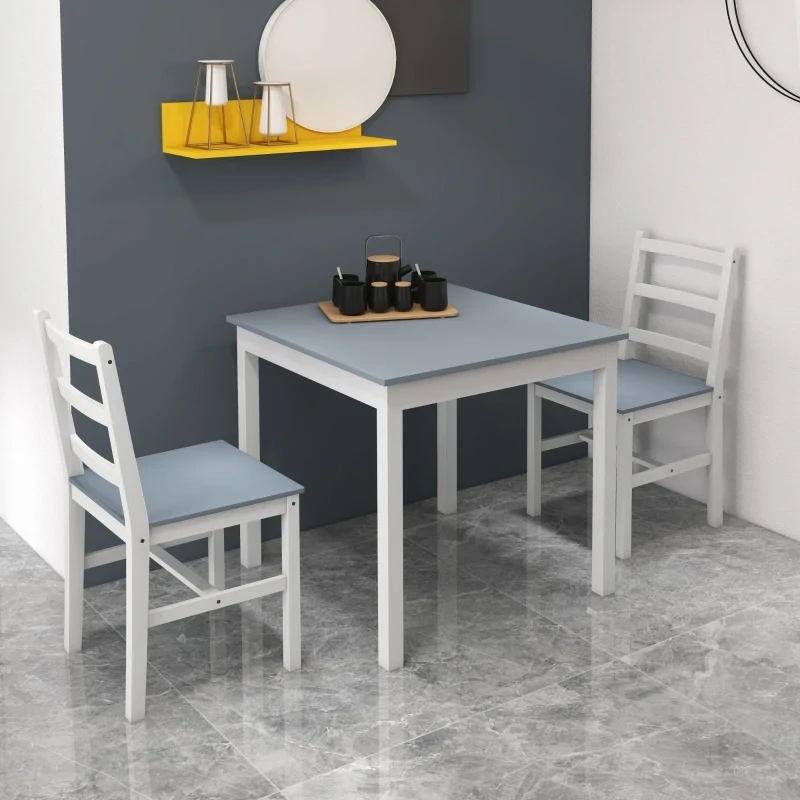 Essgruppe für 2 Personen, 2 Essstühle, 1 Esstisch, Weiss + Grau