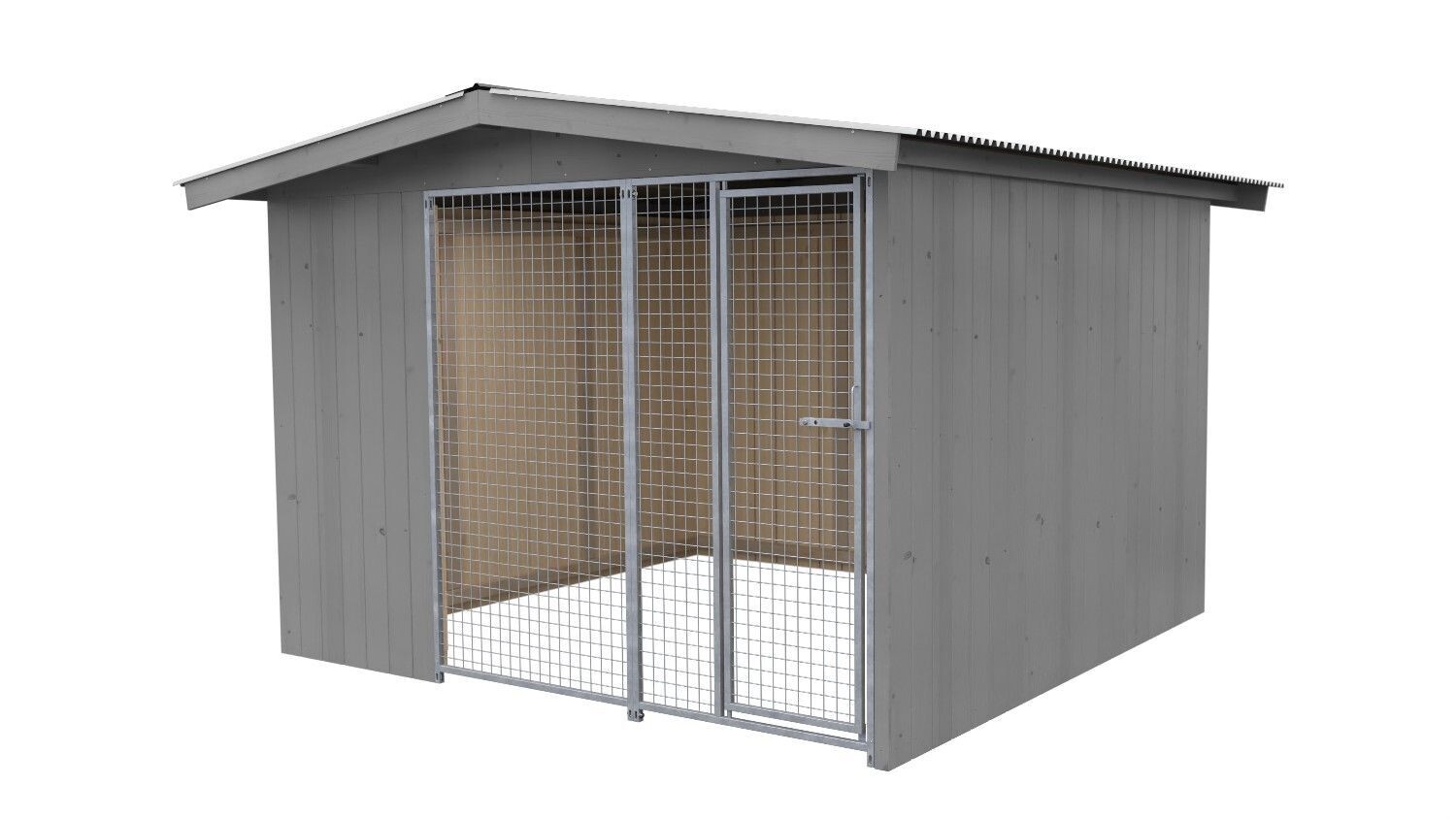 Villa Holz-Hundezwinger 3 x 3 m | Satteldach | Platingrau | Gitter
