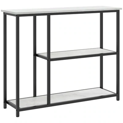 Konsolentisch im Industriedesign, 2 Regale, Marmor-Optik, Schwarz + Weiss