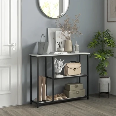 Konsolentisch im Industriedesign, 2 Regale, Marmor-Optik, Schwarz + Weiss