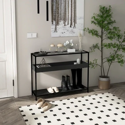 Konsolentisch mit 2 Regalen, Schuhregal, Schwarz