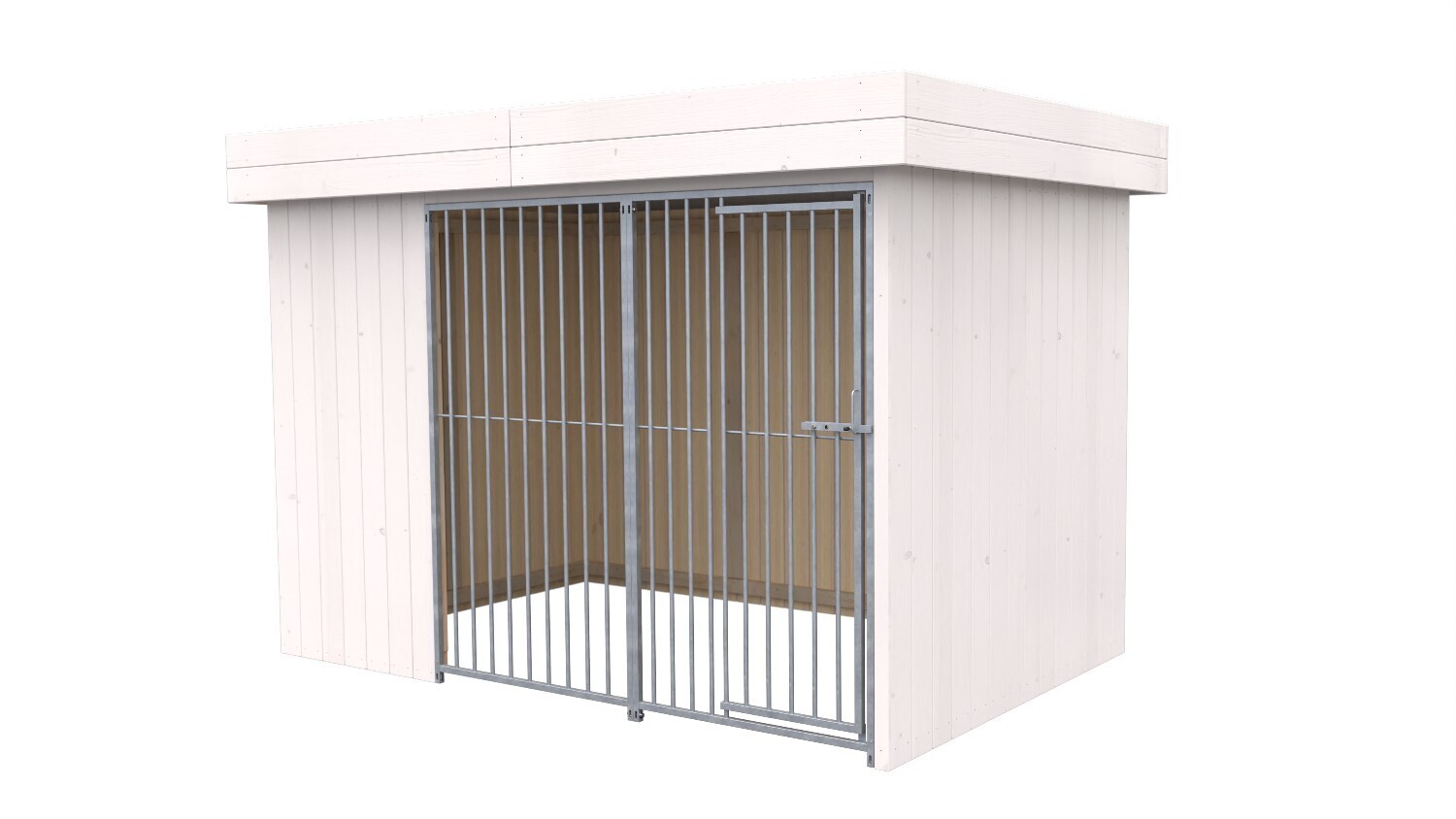 Villa Holz-Hundezwinger 2 x 3 m | Flachdach | Weiss lasiert | Rohrstab Abstand 8 cm