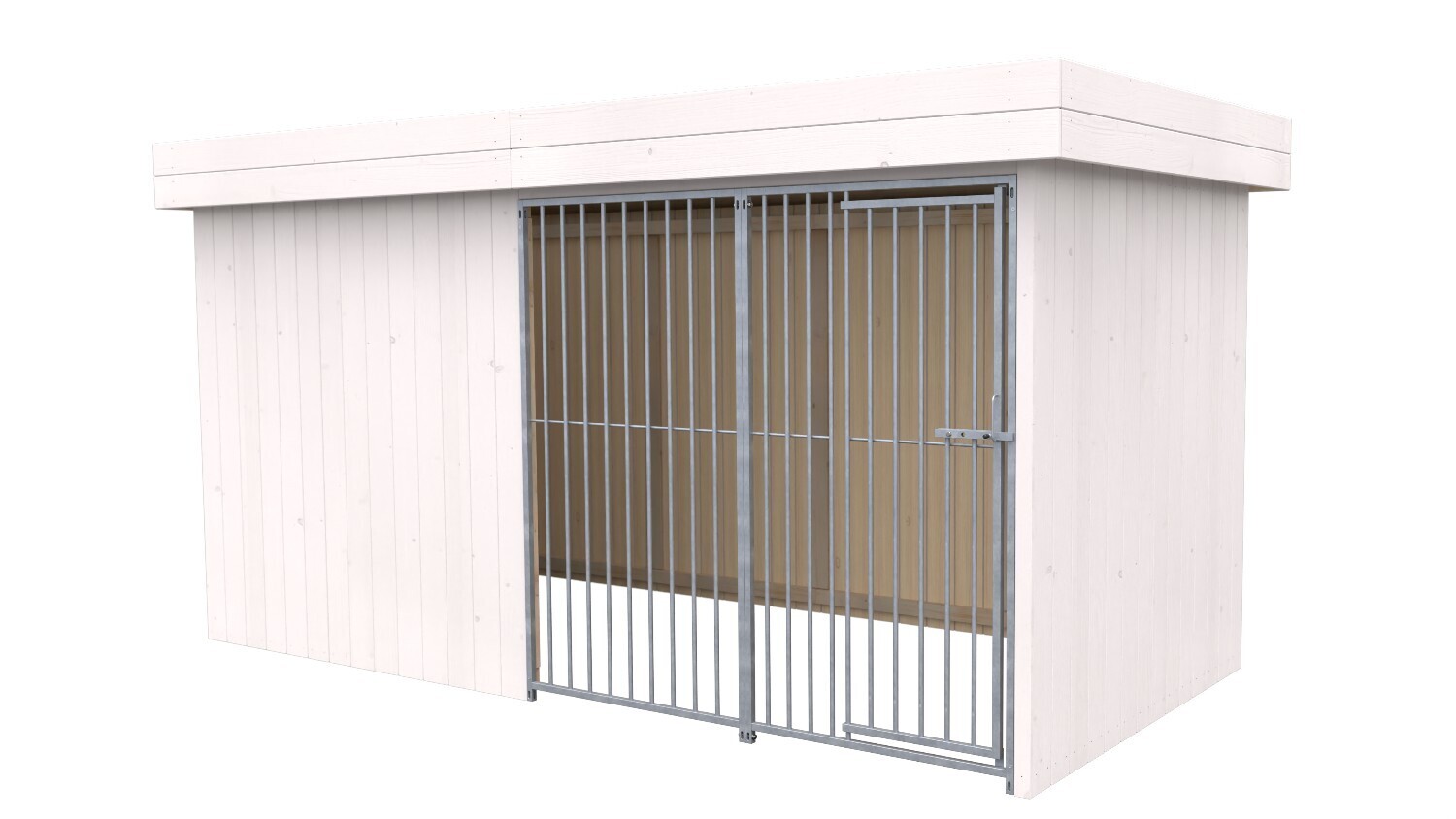 Villa Holz-Hundezwinger 2 x 4 m | Flachdach | Weiss lasiert | Rohrstab Abstand 8 cm