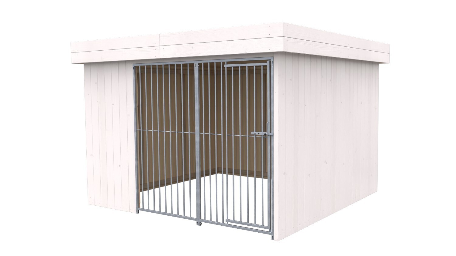 Villa Holz-Hundezwinger 3 x 3 m | Flachdach | Weiss lasiert | Rohrstab Abstand 8 cm