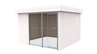 Villa Holz-Hundezwinger 3 x 3 m | Flachdach | Weiss lasiert | Rohrstab Abstand 8 cm