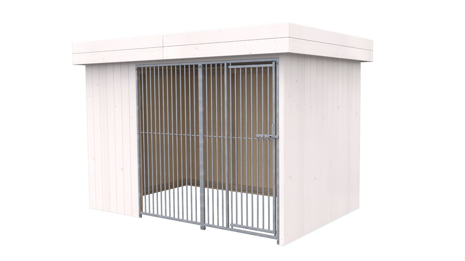 Villa Holz-Hundezwinger 2 x 3 m | Flachdach | Weiss lasiert | Rohrstab Abstand 5 cm