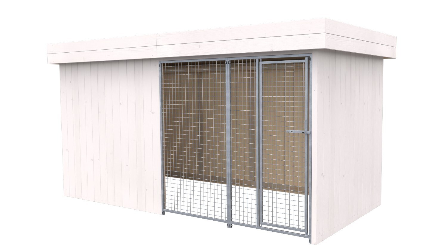 Villa Holz-Hundezwinger 2 x 4 m | Flachdach | Weiss lasiert | Gitter