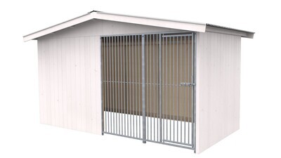 Villa Holz-Hundezwinger 2 x 4 m | Satteldach | Weiss lasiert | Rohrstab Abstand 5 cm