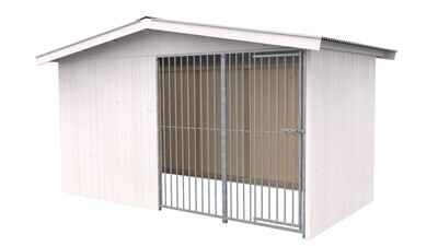 Villa Holz-Hundezwinger 2 x 4 m | Satteldach | Weiss lasiert | Rohrstab Abstand 8 cm