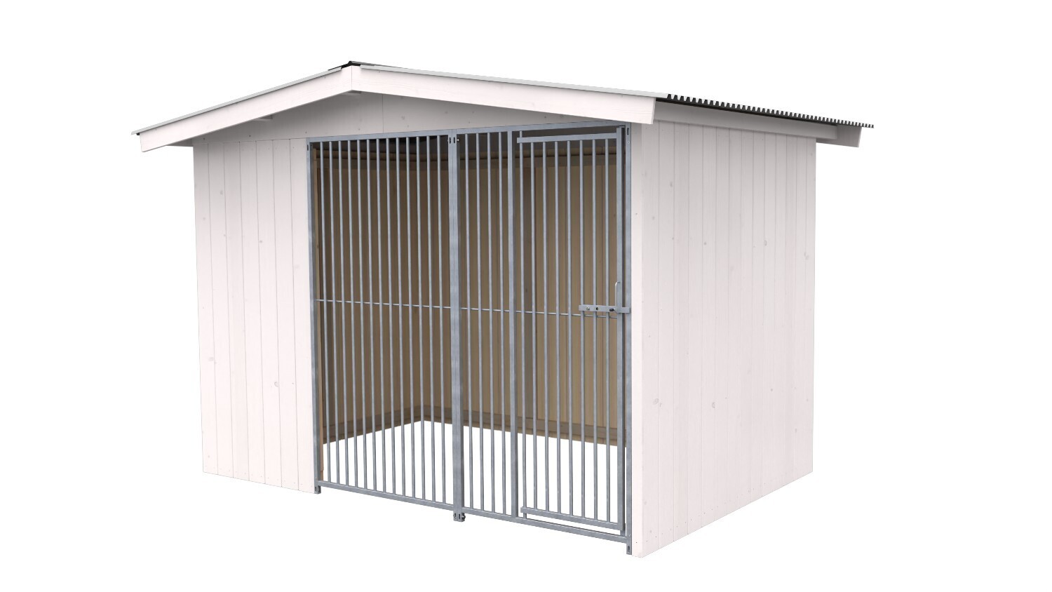Villa Holz-Hundezwinger 2 x 3 m | Satteldach | Weiss lasiert | Rohrstab Abstand 5 cm