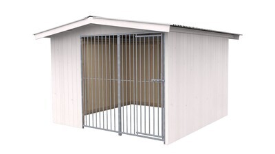 Villa Holz-Hundezwinger 3 x 3 m | Satteldach | Weiss lasiert | Rohrstab Abstand 8 cm