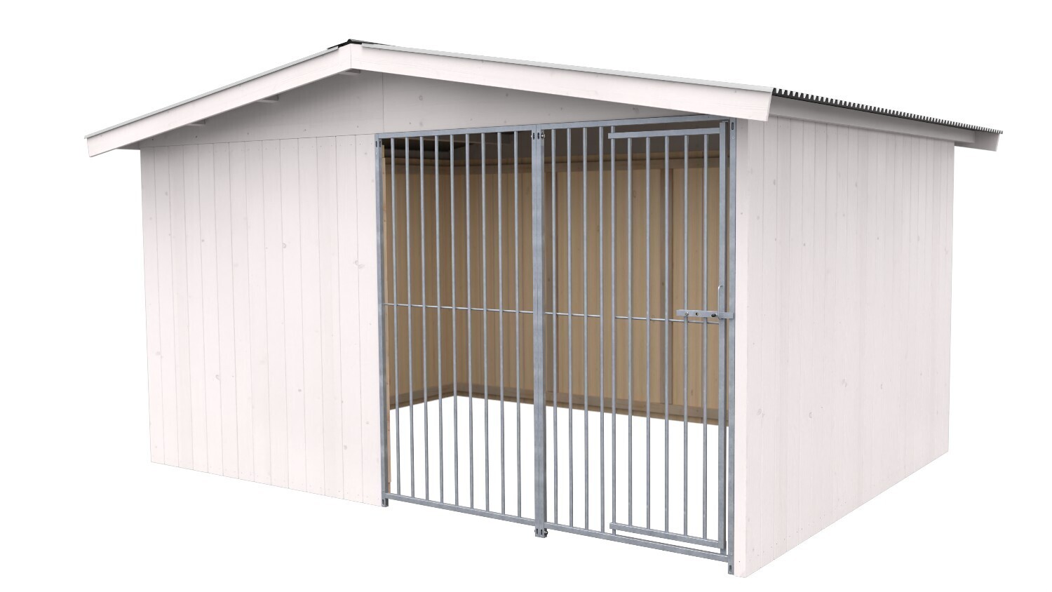 Villa Holz-Hundezwinger 3 x 4 m | Satteldach | Weiss lasiert | Rohrstab Abstand 8 cm