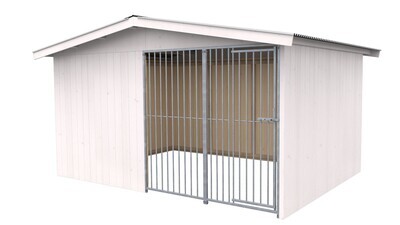 Villa Holz-Hundezwinger 3 x 4 m | Satteldach | Weiss lasiert | Rohrstab Abstand 8 cm