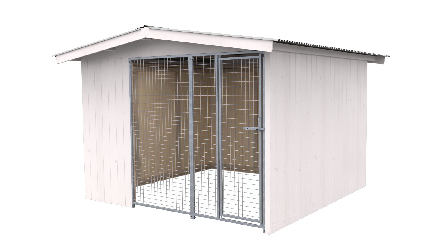 Villa Holz-Hundezwinger 3 x 3 m | Satteldach | Weiss lasiert | Gitter