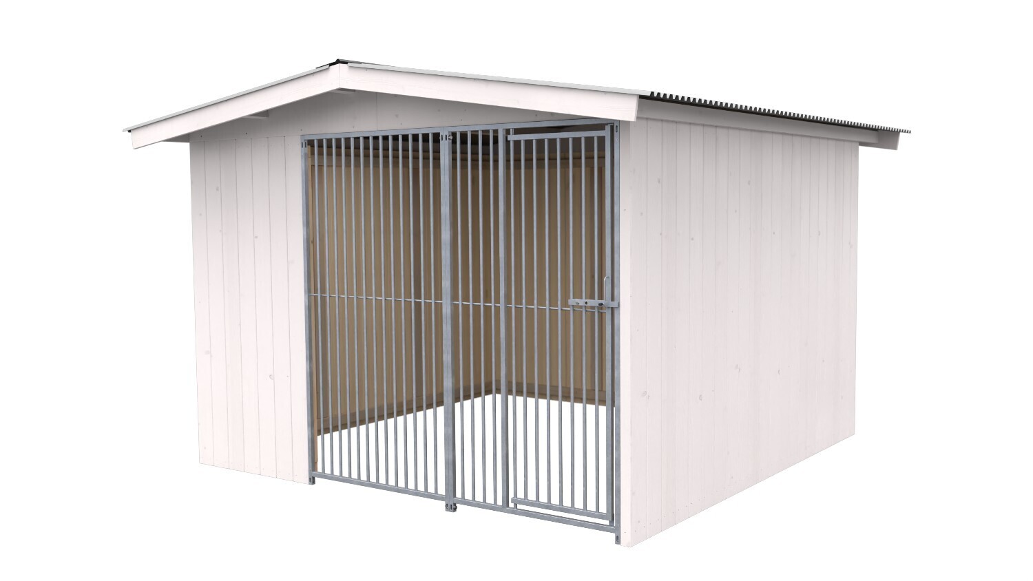 Villa Holz-Hundezwinger 3 x 3 m | Satteldach | Weiss lasiert | Rohrstab Abstand 5 cm