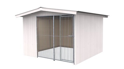 Villa Holz-Hundezwinger 3 x 3 m | Satteldach | Weiss lasiert | Rohrstab Abstand 5 cm