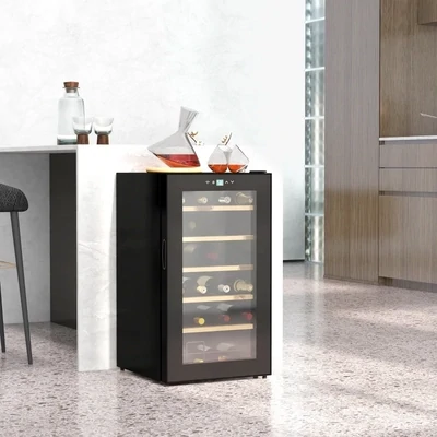 Weinkühlschrank für 24 Flaschen, LED-Beleuchtung, schwarz,