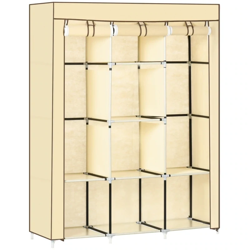 Schrank aus Stoff, Aufbewahrungslösung, 8 Regale, 2 Kleiderstangen, Beige