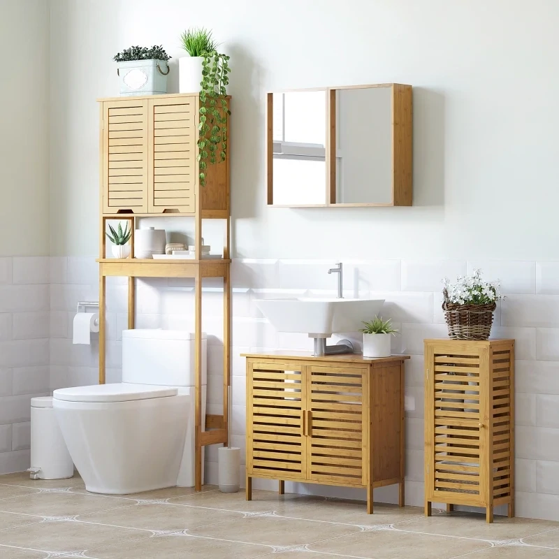 Badezimmerschrank mit Lamellentür, Naturbambus,