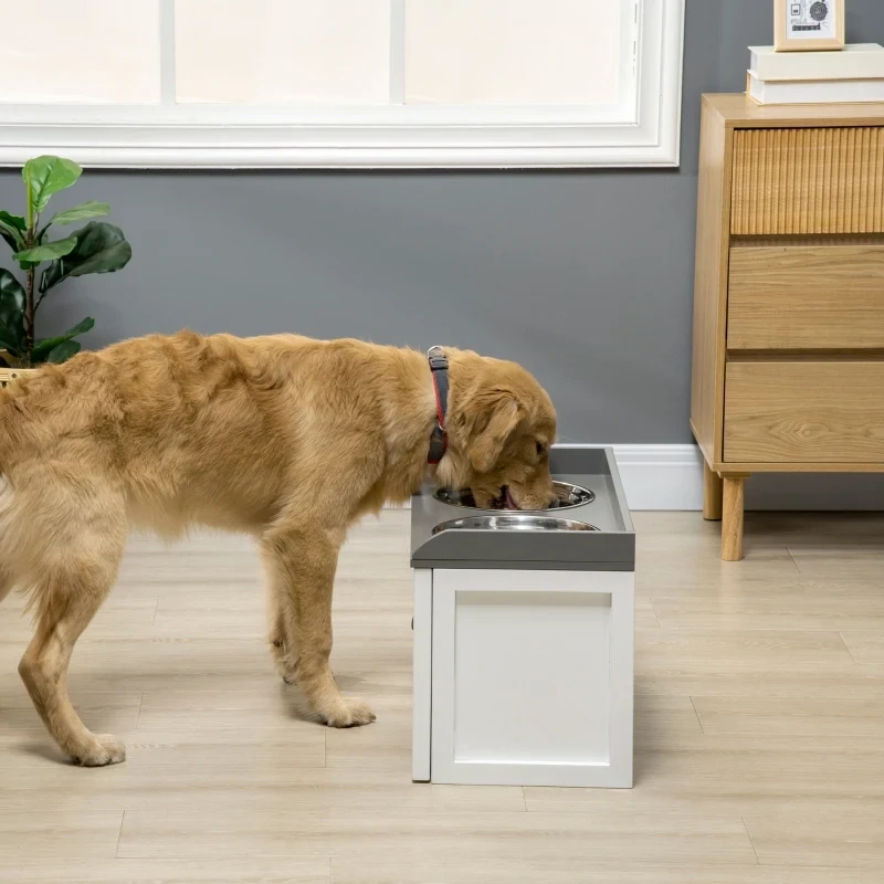 Futterstation – 2 Fressnäpfe, 2L, Schublade, grosse Hunde, Weiss/Grau