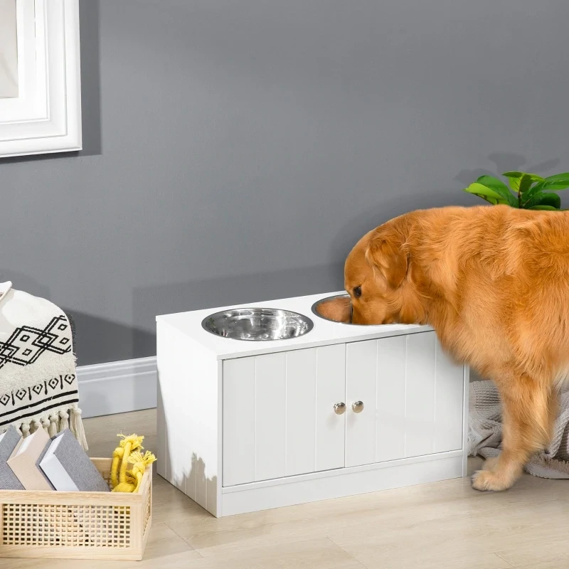 Hunde Futterstation – 2 Näpfe Edelstahl, Schrankfach 44L, Weiss