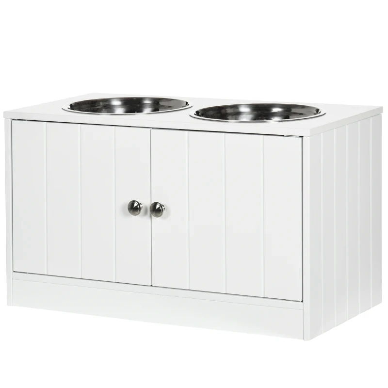 Hunde / Katzen Futterstation, 2 Näpfe aus Edelstahl, Schrankfach 44L Kapazität,, weiss