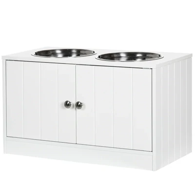 Hunde / Katzen Futterstation, 2 Näpfe aus Edelstahl, Schrankfach 44L Kapazität,, weiss