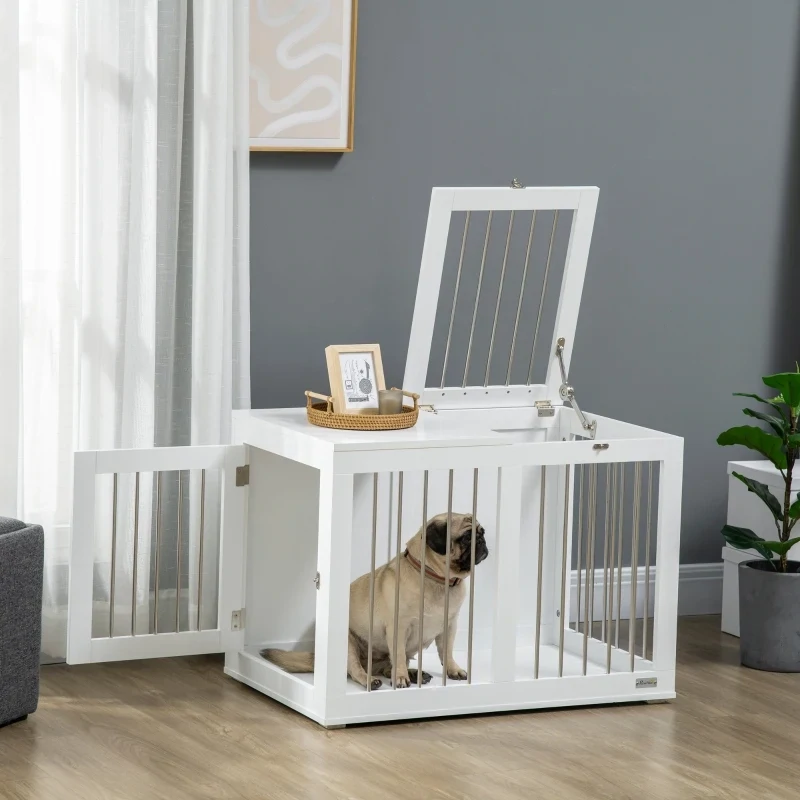 Heim-Hundebox, Transportbox – 2 Türen, verriegelbar, Weiss/Silber (80x50x56,5cm)