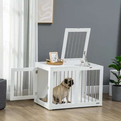 Heim-Hundebox, Transportbox – 2 Türen, verriegelbar, Weiss/Silber (80x50x56,5cm)