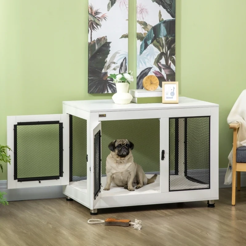 Heim-Hundebox (94x60x71,5cm) – weiche Matte, verriegelbar, Weiss/Schwarz