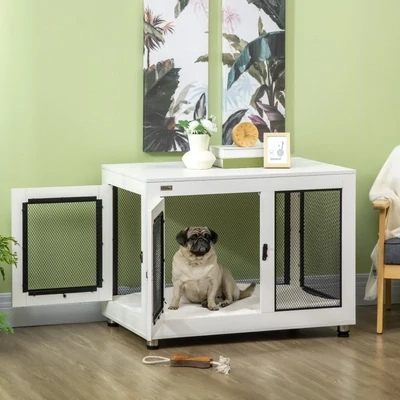 Heim-Hundebox (94x60x71,5cm) – weiche Matte, verriegelbar, Weiss/Schwarz
