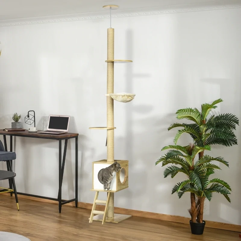 Kratzbaum, deckenhoch, Katzenhaus, zwei Plattformen, hellbraun+beige