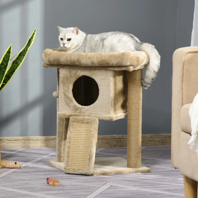 Kratzbaum mit Jute-Kratzmatte, Liegeplattform, Spielball, Katzenhaus, kaffeebraun