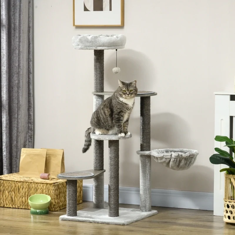 Kratzbaum, 4 Etagen, 3 Plattformen, Katzenbett, Hängematte, Spielball, Grau