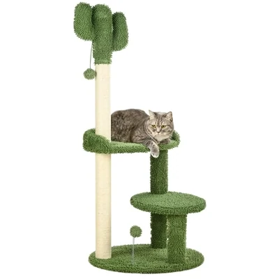 Kratzbaum Kaktus Grün – 2 Plattformen, Plüsch & Spielbälle