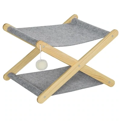 Katzenbett mit Gestell 2 Ebenen Hundebett Indoor Kiefernholz Natur+Grau