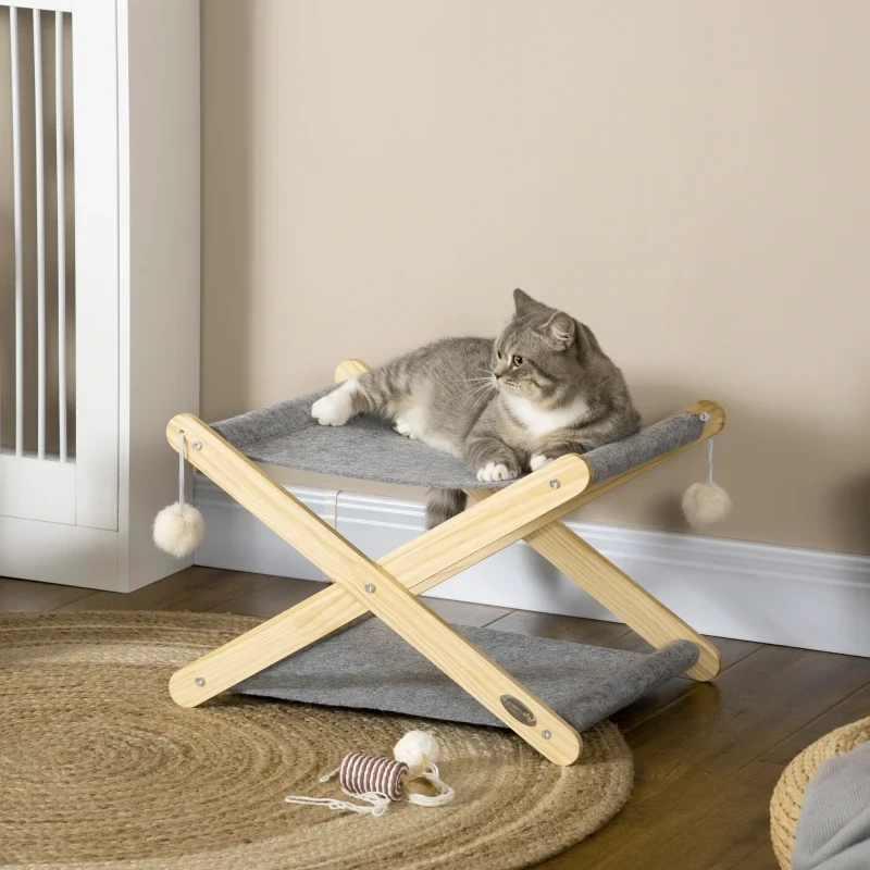 Katzenbett mit Gestell 2 Ebenen Hundebett Indoor Kiefernholz Natur+Grau