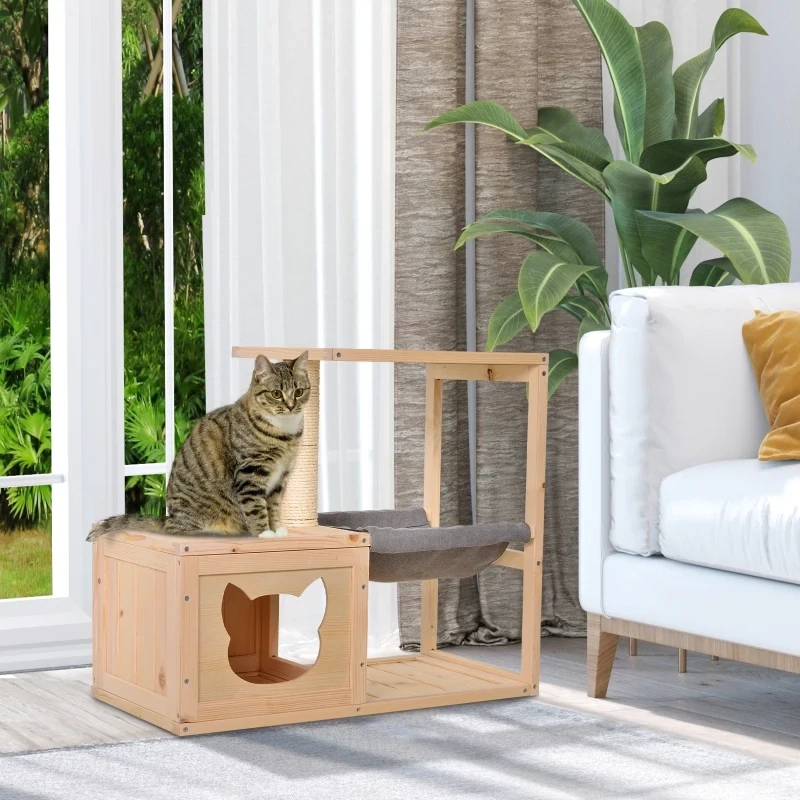 Katzenhaus Katzenkiste Katzenbaum mit Hängematte Sisalstamm Tannenholz Natur