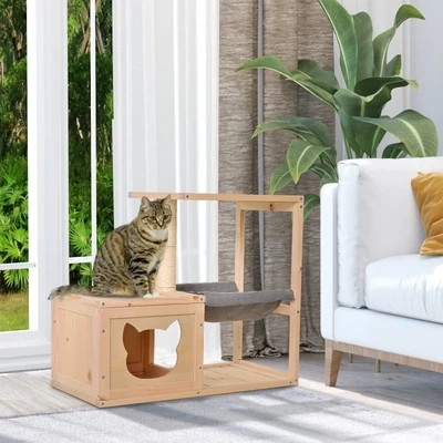 Katzenhaus Katzenkiste Katzenbaum mit Hängematte Sisalstamm Tannenholz Natur