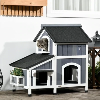 Outdoor-Katzenhaus, zweistöckig, Bodenabstand, Naturholz, Asphaltdach, grau,