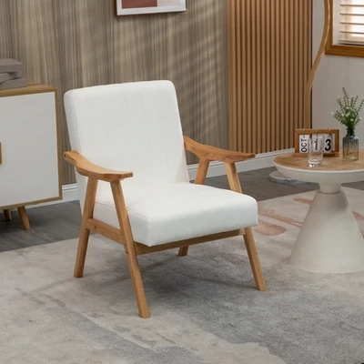 Polstersessel im Skandi-Design, Samtoptik, Massivholzrahmen, Natur+Creme