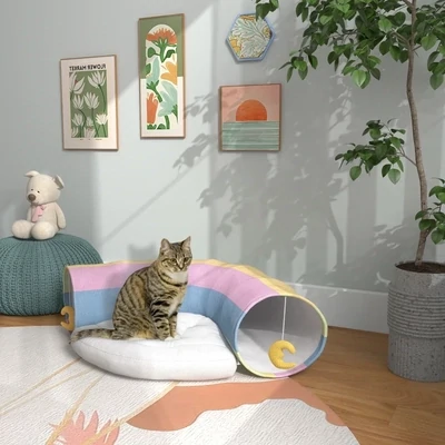 2in1 Katzentunnel mit Katzenspielzeug, Katzenbett, verspieltes Design, Mehrfarbig