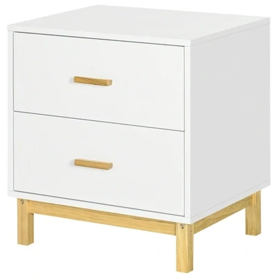 Nachttisch, Beistellschrank, 2 Schubladen, Weiss + Natur