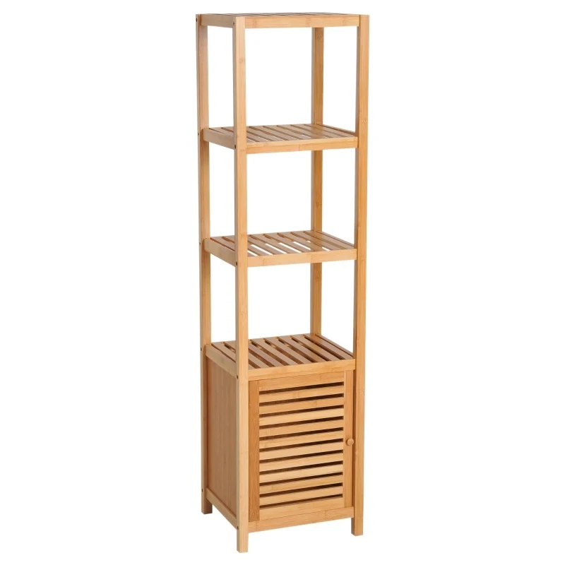 Badregal, Badezimmerschrank, schmal & hoch, Lamellentür, Bambus