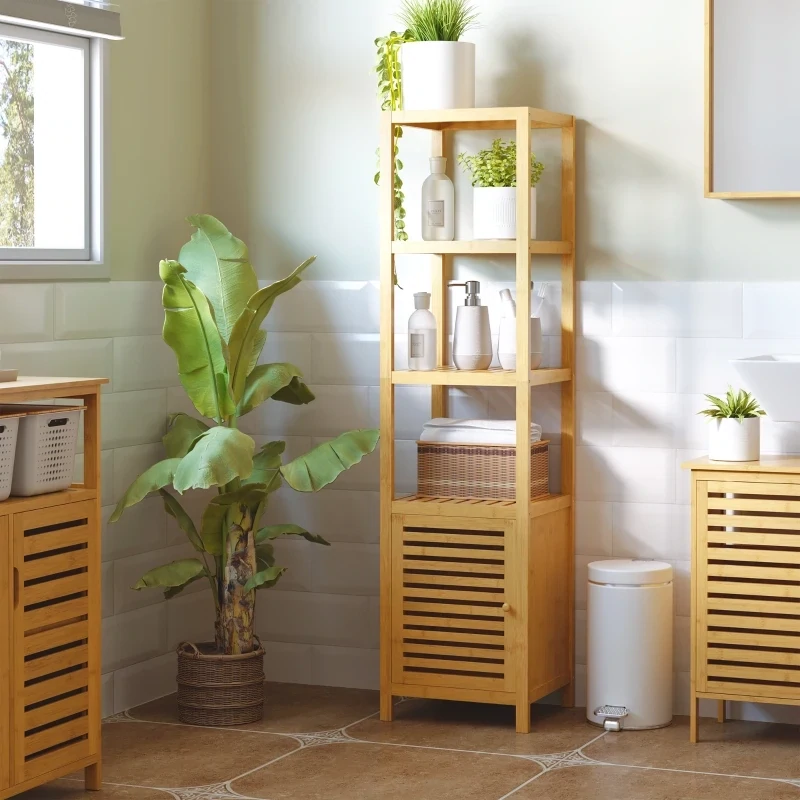 Badregal, Badezimmerschrank, schmal &amp; hoch, Lamellentür, Bambus
