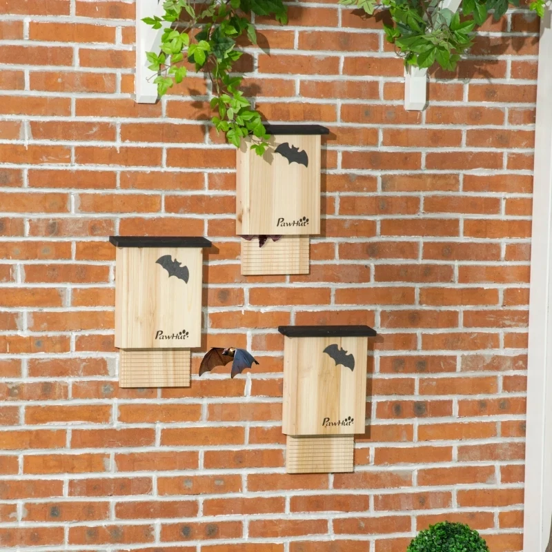 3er-Set Fledermaus-Nistkasten, wetterbeständig, Tannenholz, Natur + Schwarz