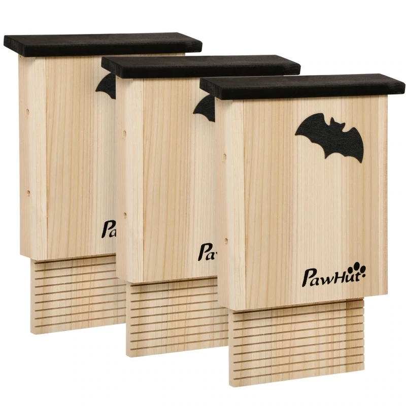 3er-Set Fledermaus-Nistkasten, wetterbeständig, Tannenholz, Natur + Schwarz