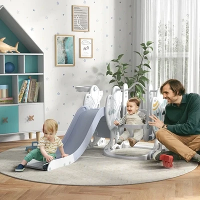 3-in-1-Set Kinderrutsche mit Schaukel, Basketballkorb &quot;Rakete&quot;