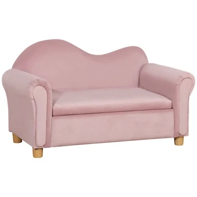 Kindersofa, Zweisitzer für Kinder 3-5 Jahre, Stauraum, Naturholzrahmen, rosa