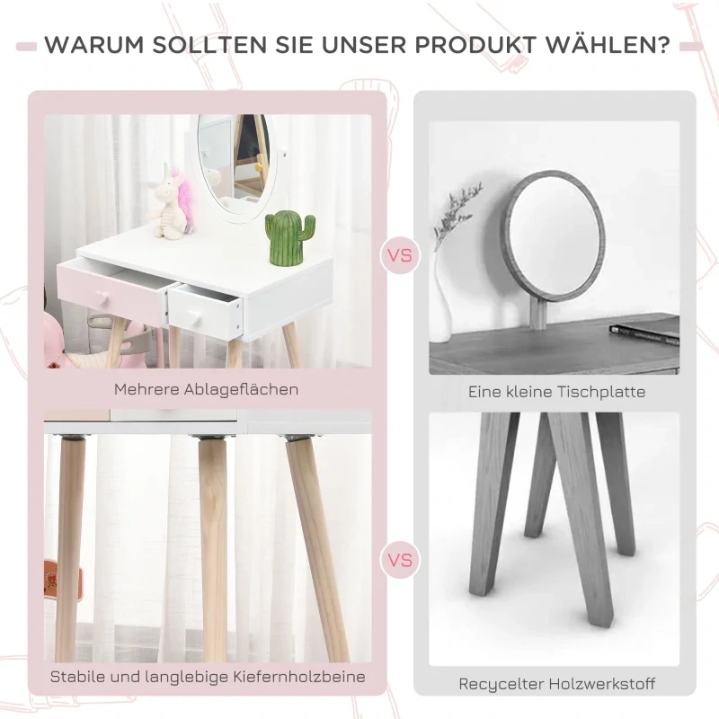 Schminktisch Kinder Kosmetiktisch Spiegel 2 Schubladen Massivholz